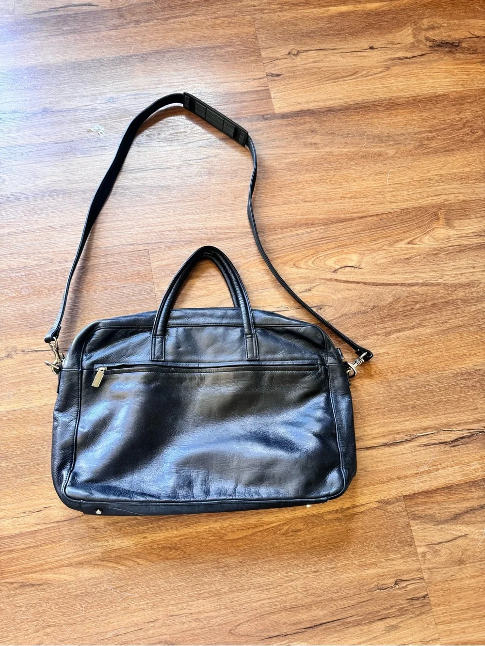 PERLINA Black Leather Laptop Handbag Purse Tote